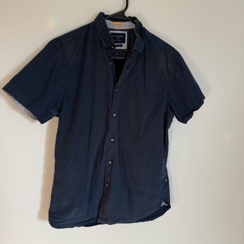 Denim & Flower Mens S Slim Fit Geometric Patterned Button Down T-shirt: Casual